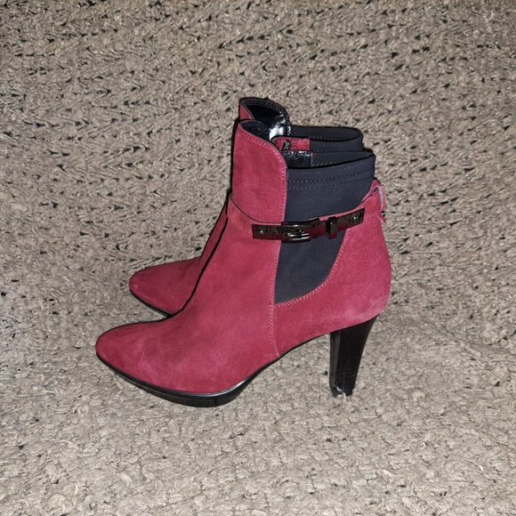 AQUATALIA-Ankle Booties-Dark Red Suede-Side Zip-Decorative Buckle-Sz 6-Near Mint - Picture 2 of 8